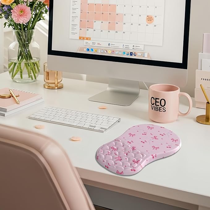 Ergonomic Mouse Pad Wrist Support with Massage Design,Cute Bows Wrist Rest Pain Relief Mousepad with Memory Foam,Mousepad for Wireless Mouse