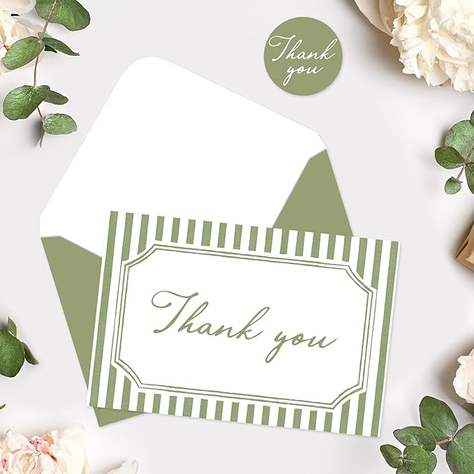 Whaline 24Pcs Sage Green Thank You Cards Blank Note Cards with Envelopes Stickers Minimalist Green Stripe Greeting Card for Wedding Birthday Baby Shower, 4 x 6 Inch