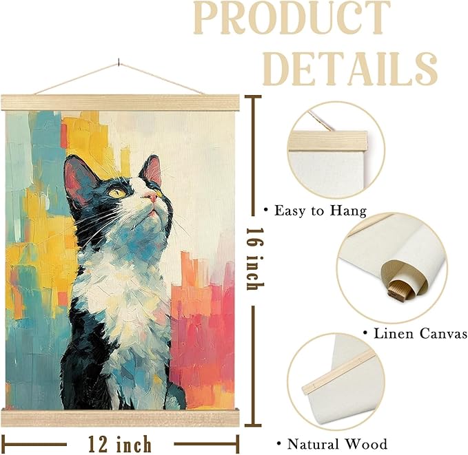 bitCNY Colorful Cat Wall Art – 12x16 Inch Bright Abstract Tuxedo Canvas Print, Modern Pet Painting for Cat Lovers & Kids’ Room