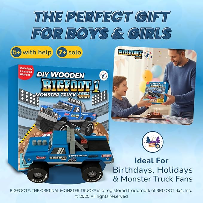 DIY Bigfoot 1 Monster Truck Wooden Kit w/Stickers & Paint (Large 7")- Officially Licensed Kids Building & Painting Kit - Wooden Painting & Building Kits for Kids - Ages 5-8 Years Stem & Paint Toys