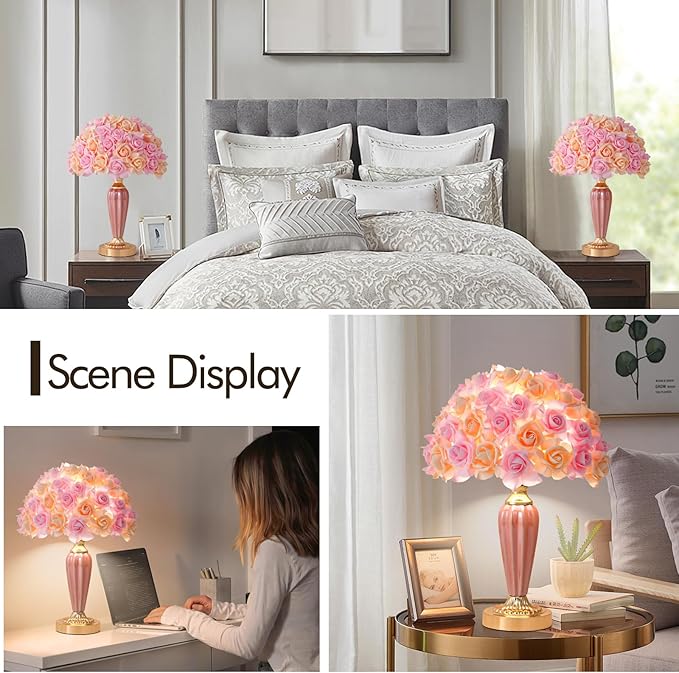 Pink Flowers Lamp Beautiful Yellow Flower Bedside Lamp Nordic Nightstand Light Romantic Rose Bouquet Table Lamp for Wedding Girl Bedroom Valentines Dating Living Room Office Christmas