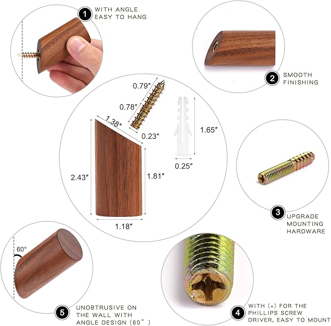 Wall Hook 4 Pack, Wood Coat Hooks Hat Rack, Modern Wooden Hooks for Hanging Hats Coats Towels Planter, Entryway Wall Hanger (Walnut Wood)