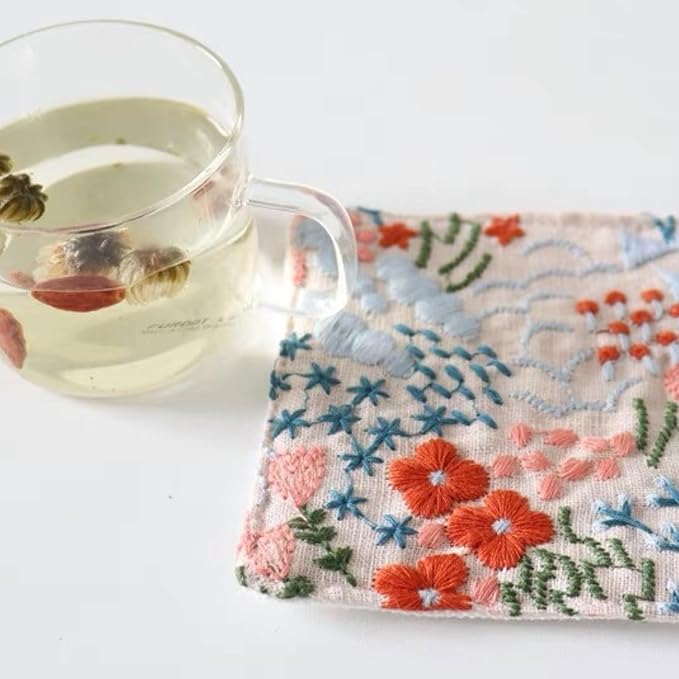 Embroidered Floral Cloth Coasters 4 Inch, Decorations for Kitchen Table, 100% Cotton Fabric Absorbent Coaster