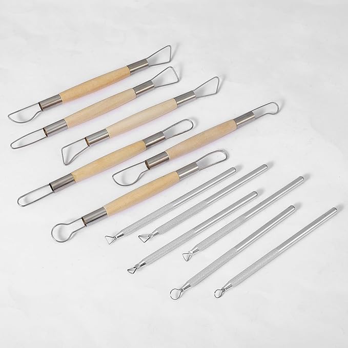 14pcs Pottery Trimming Tools Set, Clay Carving Tools with Aluminum Wood Stainless Steel for Carving Modeling Sculpting