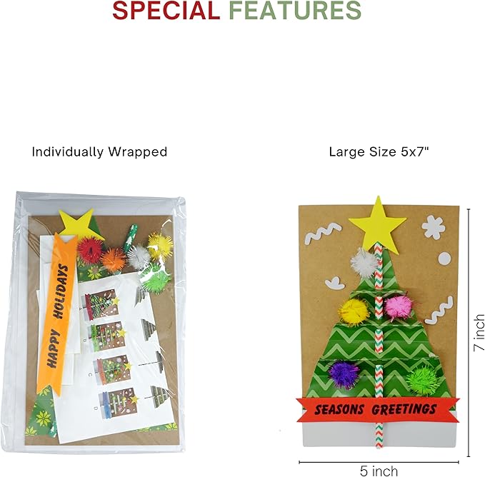 4E's Novelty Christmas Card Making Craft Kit for Kids (12 Pack) DIY Handmade Greeting Card with Envelopes & Supplies for Adults & Kids, Holiday DIY Christmas Party Invitation Card