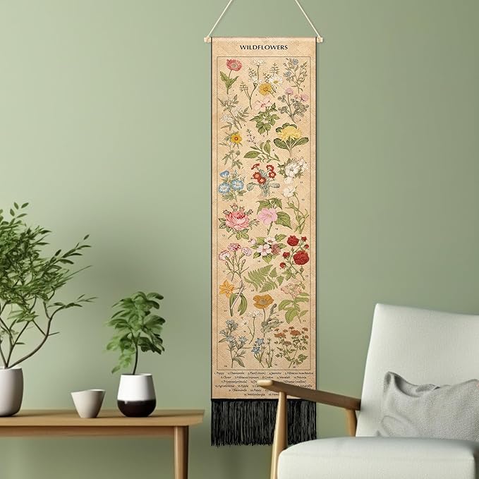 Geetery Vintage Floral Vertical Tapestry Wall Hanging Long Narrow Wall Fabric Flower Hanging Reference Illustrative Botanical Tassel Tapestry for Home Decor Gift (Natural)
