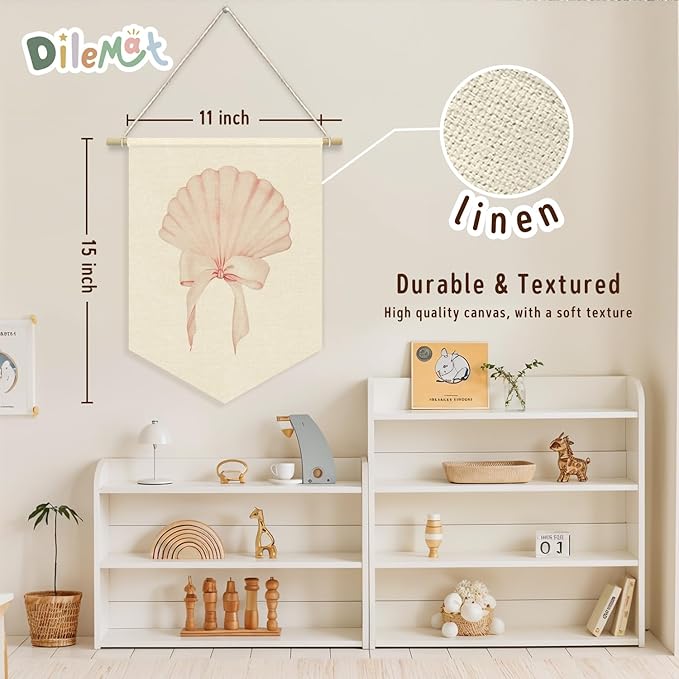 Coastal Wall Decor,Beachy Room Decor,Beachy Room Decor Aesthetic Pink Seashell Coastal Cowgirl Pennant Flag Banner,Coquette Seashell Wall Hanging Linen Banner,Surfer Girl Wall Art