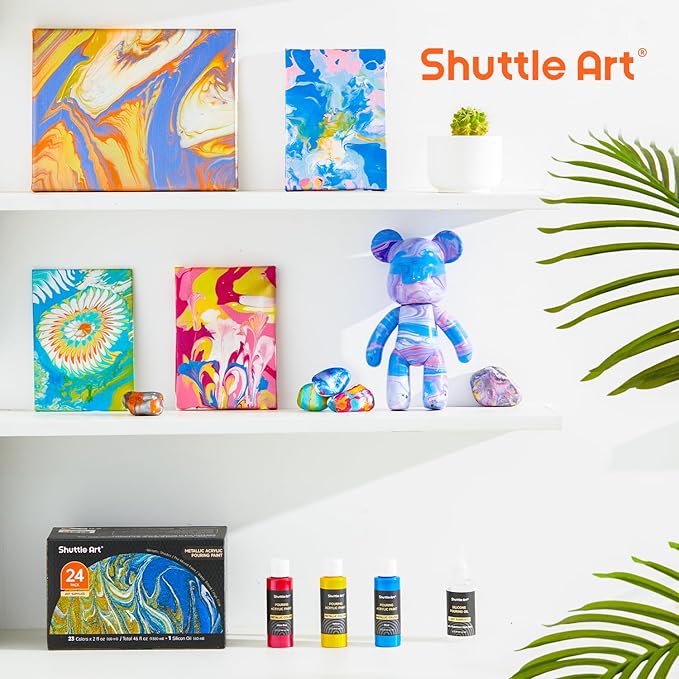 24 Pack Metallic Acrylic Pouring Paint, Shuttle Art 23 Metallic Colors Ready-to-pour Acrylic Paint with 1 Silicon Oil, 60ml/2oz Each, Rich Pigment, High Flow Pouring Paint Set for Canvas, Rock, Ceramic, Wood