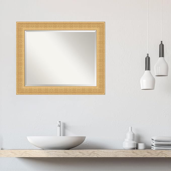 Amanti Art Gold Wall Mirror 28x34 Trellis Gold Rectangle Bathroom Mirror for Wall Decor Living Room, Large Traditional Wood Frame, Hangs Horizonally and Vertically, Bathroom Decor, Beveled Edge