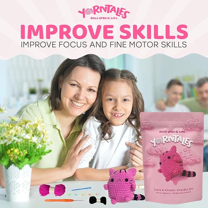 YarnTales DIY Pink Kitten Crochet Kit - Beginner Craft Kit with All Included Supplies & Video Tutorials - Great Christmas, Xmas & Hanukkah Gift or Stocking Stuffer for Teens & Adults