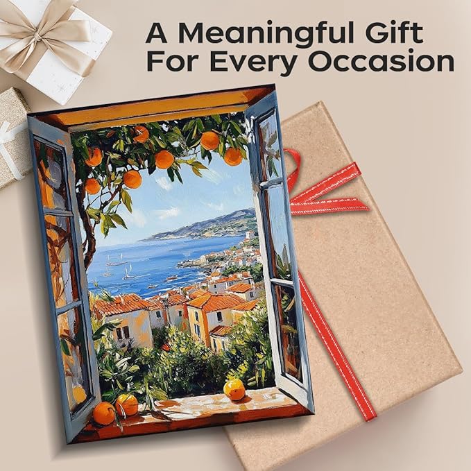 Mediterranean Coastal View Wall Art – 12x15 Inch Framed Print, Paper Laminate Borderless Design – Window Scene with Oranges & Sea - Hanging & Tabletop Display