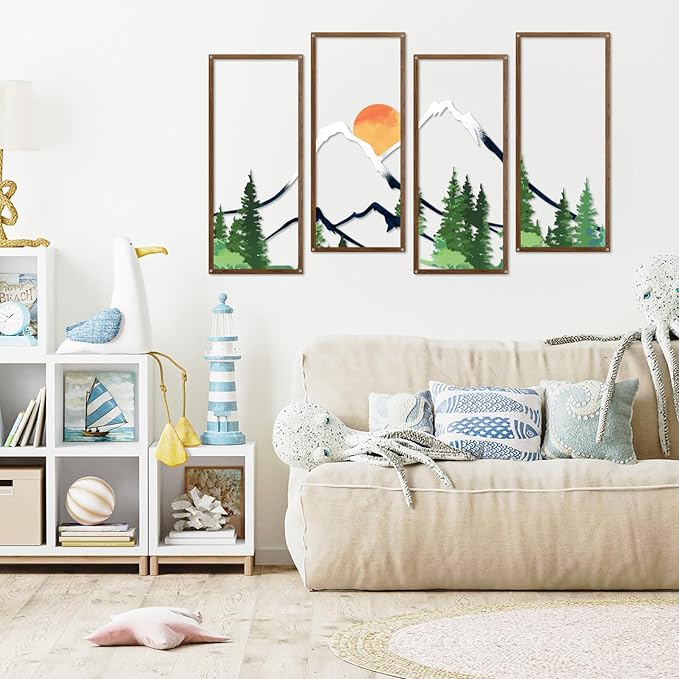 ruelen 4 Pcs Metal Sunset Mountain Forest Wall Art Mountain Line Decor Abstract Minimalist Wall Sculpture Rustic Nature Wall Decor for Home Office Bathroom Bedroom Living Room (Green)