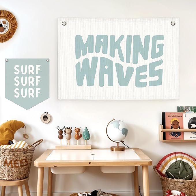 Lacama Coastal Room Decor,Making Waves Canvas Banner Beach Kids Room Decor,Surf Nursery Decor Wall Hanging Banner Flag,30x20 Inch