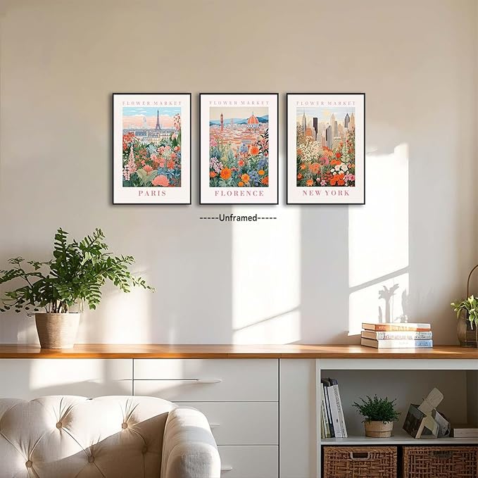 XLARTMY Flower Market Wall Art Prints Canvas Orange and Pink Floral Paintings Colorful Botanical Travel Flower Posters for Home Decor Pictures Set of 3 for Living Room Bedroom 16x24in Unframed
