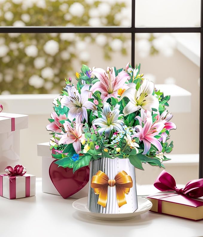 3D Pop Up Flower Bouquet Cards with 3 Envelopes & Blank Notecards, Featuring Multicolor Roses & Butterflies, White Daisies & Lavender, Pink & White Lilies for Birthday, Mother's Day, Get Well, Anniversary,All Occasions