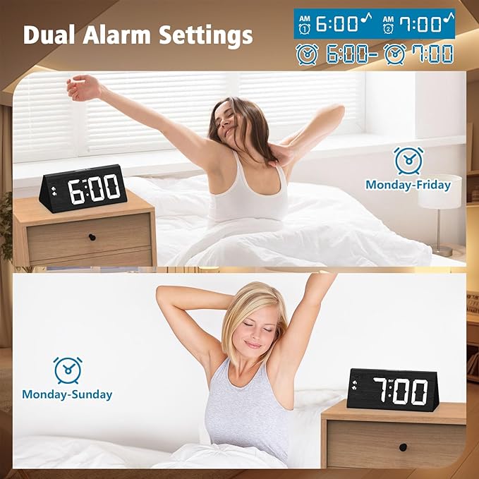 Wooden Digital Alarm Clock with Dual USB Charging Ports, DST, Dimmable, Snooze, Modern Large Time Display LED Clock for Kids Bedrooms, Living Room, Desk, Table, Bedside, Nightstand (Black)