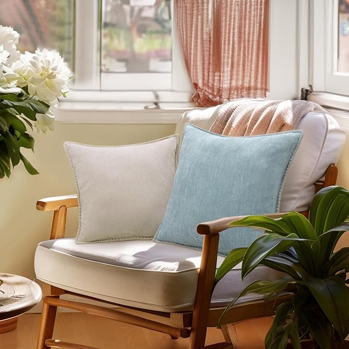 decorUhome Spring Chenille Soft Throw Pillow Covers 12x20 Set of 2, Lumbar Velvet Farmhouse Neutral Decorative Pillow Covers with Stitched Edge for Couch Sofa Bed Home Decor, Aqua Haze