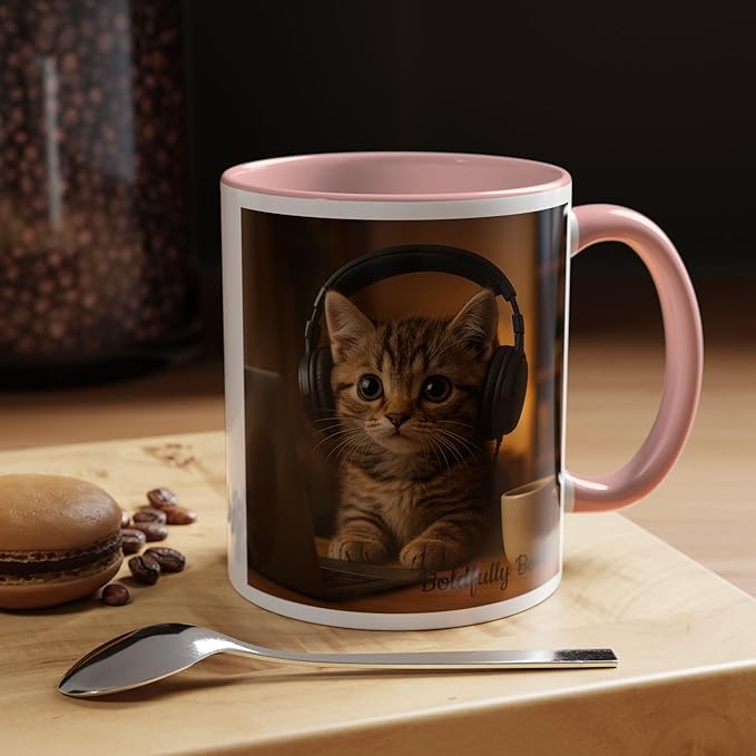 Adorable Cat Coffee Mug, Cute Kitten with Earphones, Pet Lover Gift, Tea Cup, Animal Lover Mug, Coffee Cup