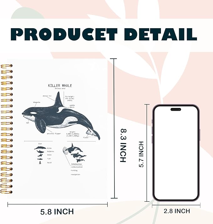 Killer Whale Notebook Journal for Note Taking, Marine Biology Gifts, Ocean Animal Beach Spiral Notebook, Ocean Themed Gifts, 5.5x8.3 Inch