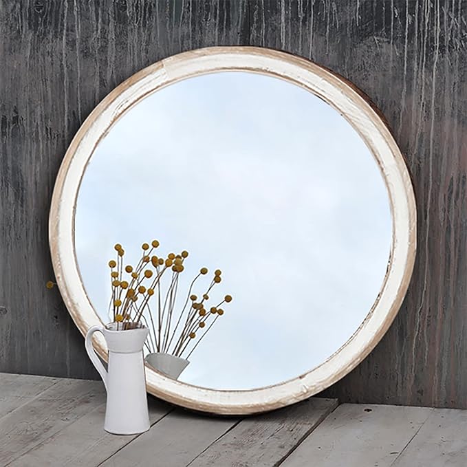 24 Inches Round Wooden Farmhouse Wall Mirror, Decorative Circle Mirrors for Bathroom, Entryway, Living Room, Bedroom - Housewarming Gift