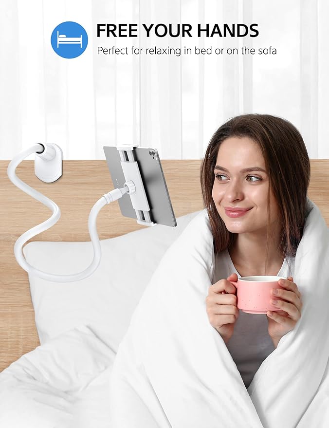 SHAWE Gooseneck Tablet Holder Phone Stand, Flexible Tablet Mount for Bed, 360 Adjustable Lazy Arm Holder Clamp Mount for iPad Air Pro mini, Samsung Galaxy Tabs, iPhone, Switch, 4.0~10.5" (White)