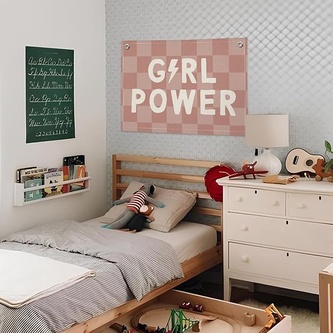 Pink Girls Room Wall Decor Banner, Girl Power Linen Canvas Banner, Inspirational Wall Hanging Decor for Little Toddler Baby Girls Room Playroom