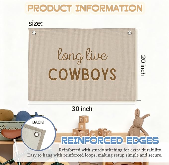 Western Nursery Decor,Long Live Cowboys Wall Art,Western Cowboy Wall Decor Hanging Banner Flag for Kids Boys Toddler Nursery Room Bedroom Playroom 30x20 Inch
