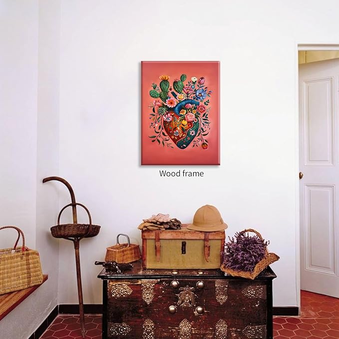 Mexico Blooming Heart Canvas Poster Colorful Vintage Botanical Wall Art Funky Trippy Pink Prints 16X24 inch Framed for Bed Living Room Apartment Wall Decor