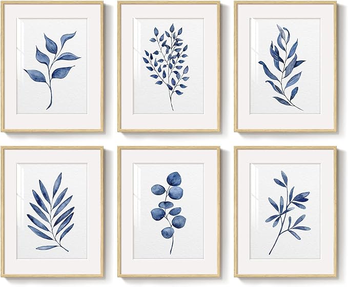 Framed Minimalist Botanical Wall Art, Set of 6 Blue Floral Leaf Painting Prints Artwork for Walls, Navy Blue Flowers Watercolor Plant Pictures for Bedroom Dining Room Hallway Office Home Decor, 11x14
