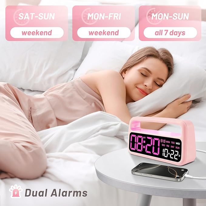 Digital Alarm Clock for Bedroom, Plug-in Digital Bedside Clock with Night Light, Large Display, Dual Alarm, Snooze, Dimmable for Adults Kids Teens, Pink