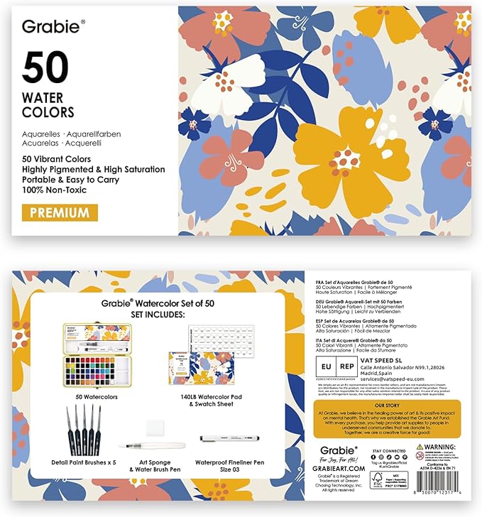 Grabie 100 Colors Premium All-In-One Watercolor Paint Set - 50 Essential, 35 Metallic, 10 Pastels, 5 Neon Hues - Portable Case, Brush Pens, Paper Pad, Waterproof Fineliner Pen, Beginner & Professional