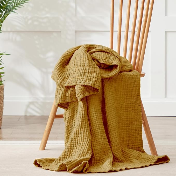 100% Cotton Muslin Blanket King 108" x 90", 6 Layers Breathable and Lightweight Cotton Throw Blankets for Bed, Soft Cooling Summer Gauze Blanket for Adults All Season, Mustard