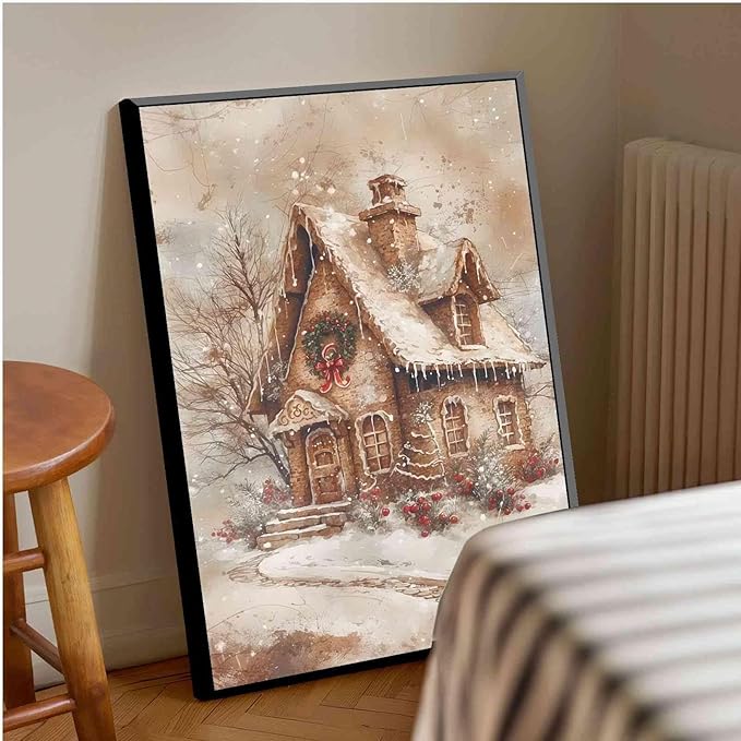 Framed Canvas Wall Art Home decor Winter Gingerbread House Traditional Christmas Print Festive Artwork Wall Decor canvas print poster 24x36in Metal blackFramed