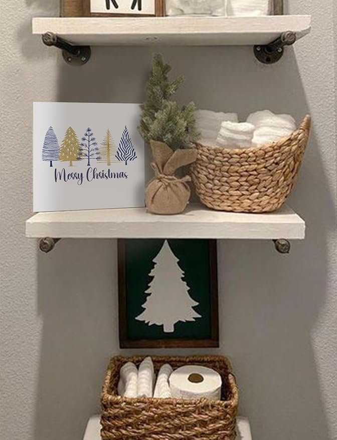 Navy Blue Gold Christmas Tree Wooden Box Sign, Christmas Signs for Home Decor, Minimalist Xmas Tree Wood Signs for Home Office Desk Shelf Tabletop Decor, 5x5 Inch Decorative Signage