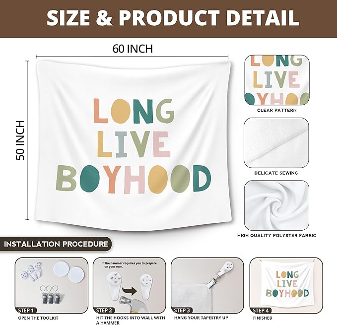 XLDLIOO Boho Classroom Tapestry, Long Live Boyhood Wall Tapestry, Boho Classroom Decor, Inspirational Wall Decor Art for Kids Boys Toddler Nursery Room Playroom, 50x60in
