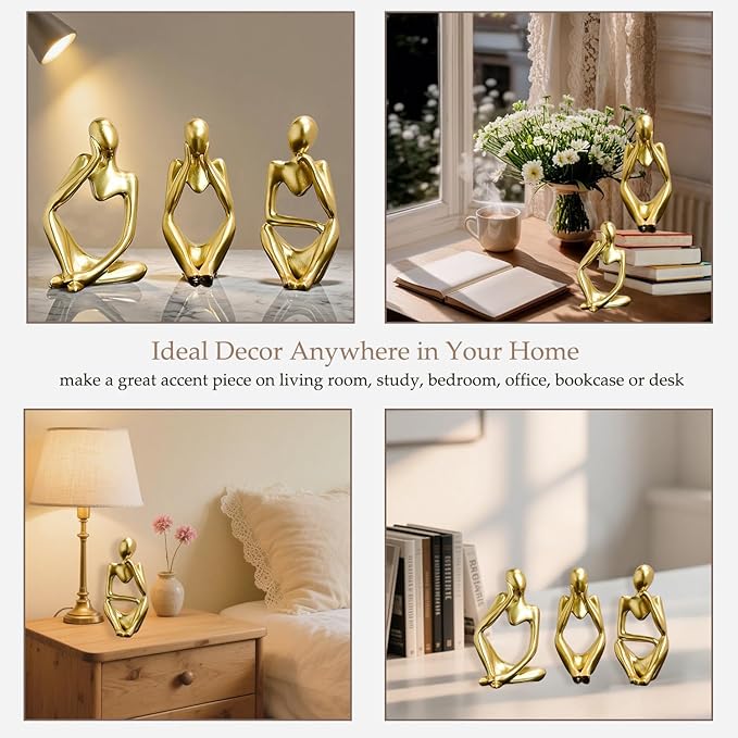 Mingzhang 3pcs Thinker Statue Abstract Art Thinker Figurines Gold Home Decor for Living Room, Office, Coffee Table, Bookshelf Decoration, Housewarming Gifts
