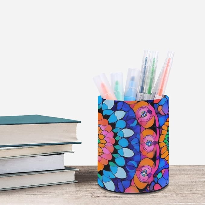 Pen Holder Leather Pencil, Holder Cup Makeup Brush Storage Organizer, Waterproof Multifunctional Office Supplies Colorful Bohemian Mandala Flower Boho Floral