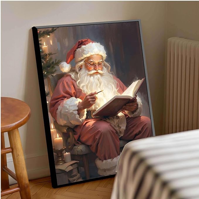 Framed Canvas Wall Art Vintage Christmas Wall Art Santa Writing Book Oil Painting Cottagecore Decor Academia Christmas Decor Winter Print 12x18in Metal blackFramed