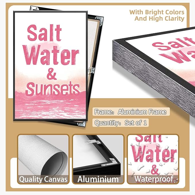 Metal Black Frame Dreamy Salt Water Sunsets Poster Pink Ocean Romantic Coastal Canvas Wall Art Seascape Beach Boho Decor Minimalist Print Aesthetic Picture for Living Room Decoration 16x24inch
