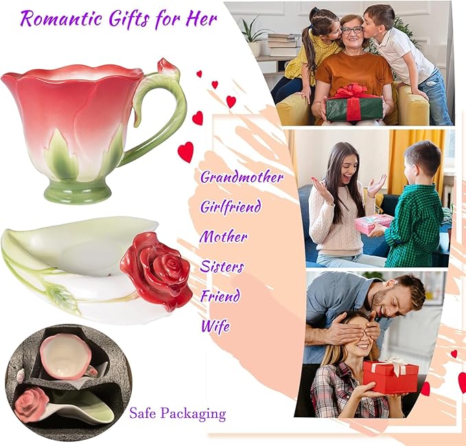 ONEUSTAR Tea Cup and Saucer Set for 1 Ceramic Handicraft Rose Flower Shaped Coffee Cup with Spoon 6 Oz Teacup for Women Valentine's Day Christmas Gift