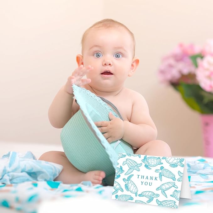 Whaline 24 Pack Ocean Thank You Card Greeting Cards with Envelopes Stickers Teal Sea Turtle Blank Note Cards for Summer Birthday Baby Shower Party Supplies