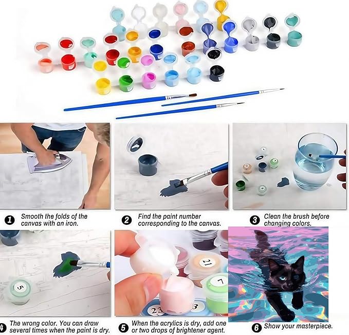 CSZPPQAF Paint by Numbers Kit for Adults Beginner, Black Cat Swimming Paint by Number Kits on Canvas, DIY Easy Acrylic Watercolor Oil Painting by Numbers for Home Wall Decor 16X16inch