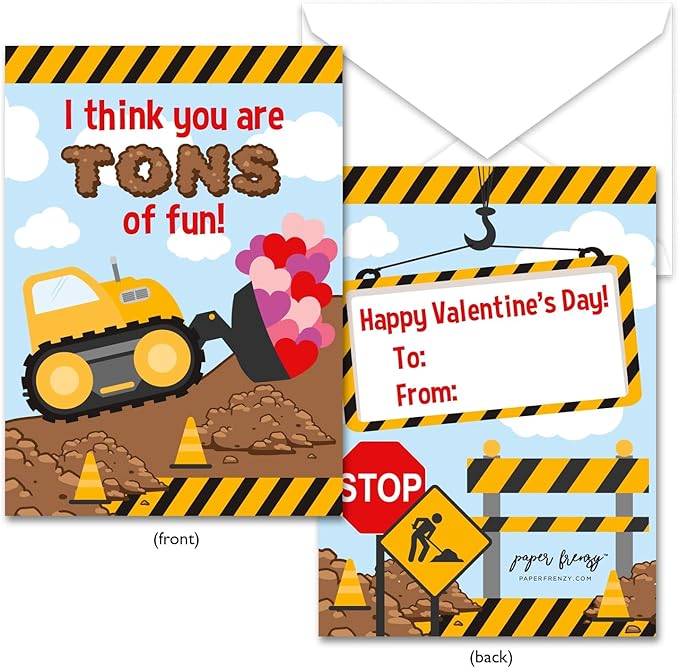 Paper Frenzy Construction Themed Valentine Cards WITH ENVELOPES - 25 Pack