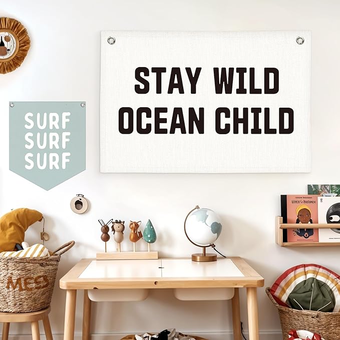 Lacama Beach Theme Wall Decor for Boys Room, Coastal Kids Playroom Nursery Hanging Sign, Stay Wild Ocean Child Linen Canvas Banner, Rustic Nautical Surf 20x30 Inch