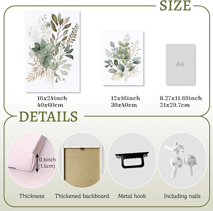 LLEEMPI Framed Sage Green Wall Art Set of 3, Modern Watercolor Botanical Wall Decor, Eucalyptus Leaf Canvas Painting, Classic Minimalist Florals Poster Print for Bedroom Bathroom Office 12x16 Inch