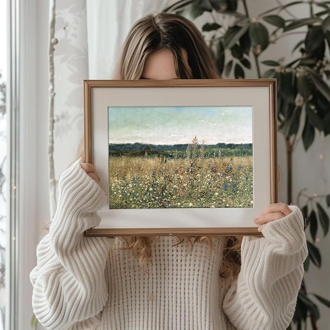 uniro Vintage Wall Art, Classical Wildflower Field Wall Painting Canvas Oil Prints for Wall Decor7 Farmhouse Wall Art Vintage Landscape Art Pictures for Bathroom Kitchen Decor(8" x 10"-UNFRAMED)