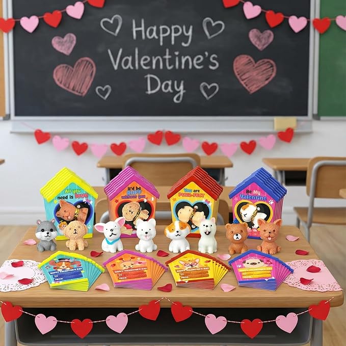 Zhanmai 72 Pcs Dog Valentine's Day Gifts Card and Dog Resin Figurines Miniature Puppy Heart Greeting Card for Valentine Party Favors Exchange Prizes Gifts (Cute)