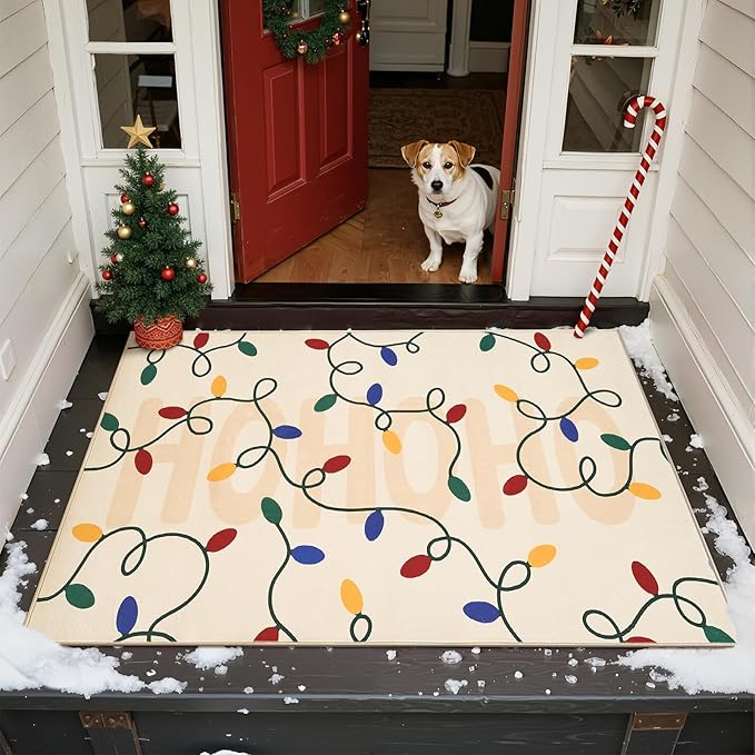 jinchan Jingle Lights Christmas Rug 3x5 for Entryway Kitchen Beige Holiday Rug for Bedroom Colored String Lights Printed Xmas Decor for Living Room Bathroom Washable Non Slip Decorative Floor Carpet