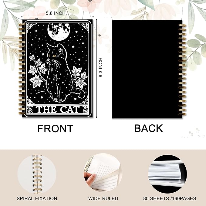 Witchy Black Cat Tarot Notebook, Cats Lover Mom Lady Gifts Journal, Cats Office Supplies, Mystical Celestial Witchy the Cat Tarot Card Spiral Journal Notebook, 5.5x8.3 Inch