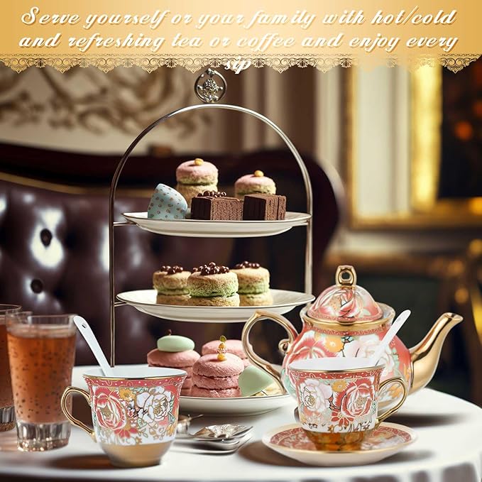 Zhehao 20 Pcs Porcelain Tea Set with Metal Holder and Spoon Adult Ceramic Tea Set European Flower Painting Teapot Cup Saucer Spoon for Women, Large Version(Noble Style)